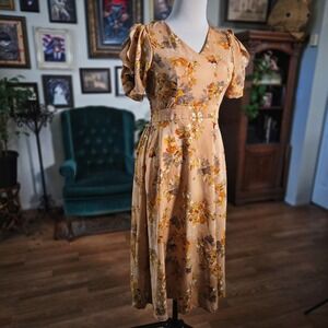 Mira Store Floral Leaf Autumn Print V-Neck Midi Dress Smocked Back Ruffle Sleeve